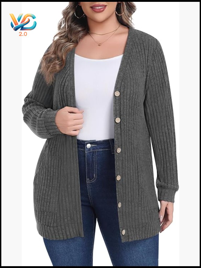 Plus Size Button Down Long Sleeve Cardigan With Pockets Fall Knit Outwear